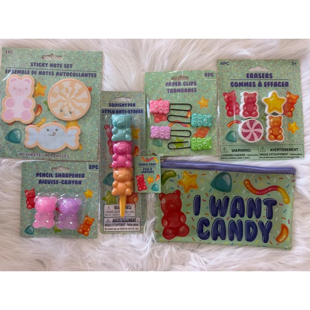 Gummy Bear Stationery Set Pencil Case Pen Sticky Notes Erasers Clips 6pc Bundle